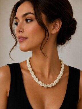 VTG Ivory Cream Glass Beaded Twisted Braided Bayadere Bridal Necklace